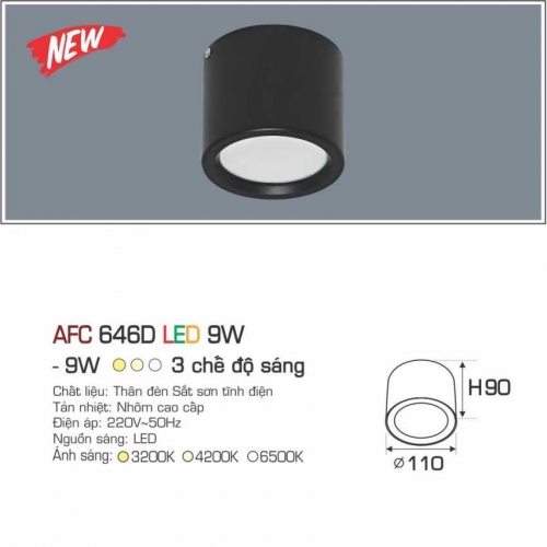 Đèn ốp nổi cao cấp Anfaco AFC 646D vỏ đen 3 chế độ 9W