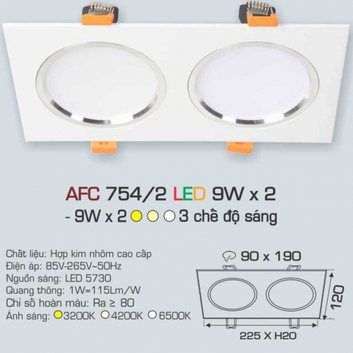 Đèn âm trần downlight Anfaco 3 chế độ AFC 754/2 9Wx2 3C