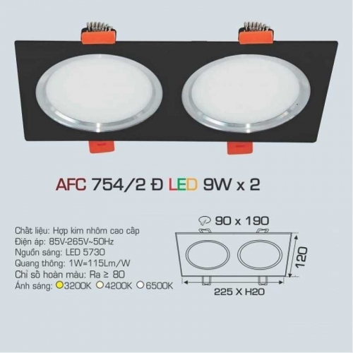 Đèn âm trần downlight Anfaco AFC 754/2 Đ 9Wx2
