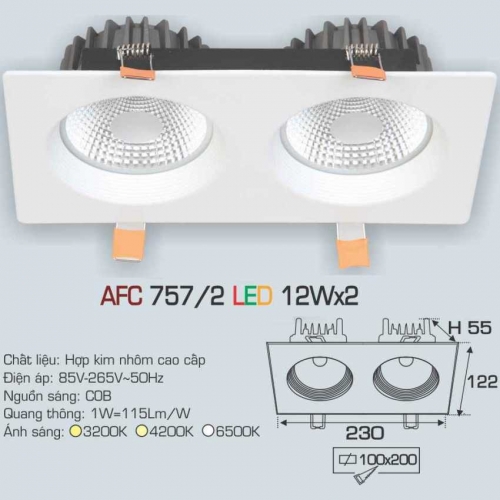 Đèn âm trần downlight Anfaco AFC 757/2 12Wx2 ánh sáng trung tính