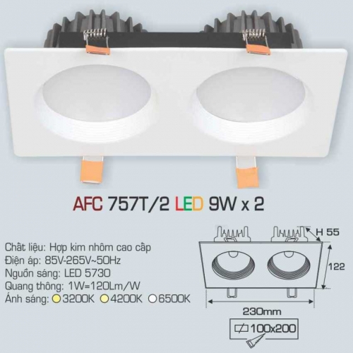 Đèn âm trần downlight Anfaco AFC 757T/2 9Wx2 ánh sáng trắng