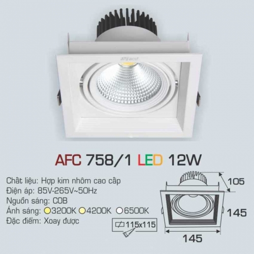 Đèn âm trần downlight Anfaco AFC 758/1 12W ánh sáng trung tính