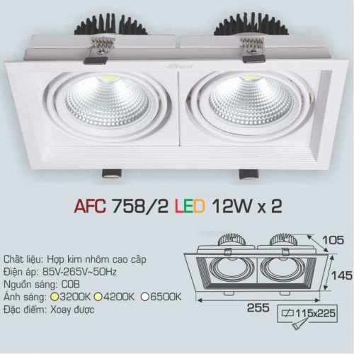 Đèn âm trần Anfaco AFC 758/2 12Wx2 ánh sáng trung tính