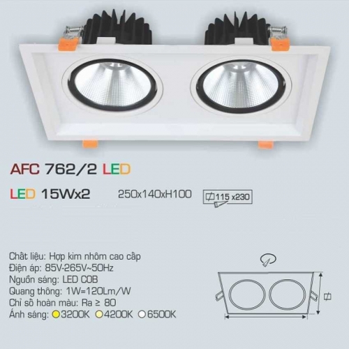 Đèn âm trần Anfaco AFC 762/2 15Wx2 ánh sáng trung tính