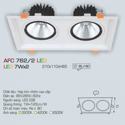 Đèn âm trần Anfaco AFC 762/2 7Wx2 ánh sáng trung tính