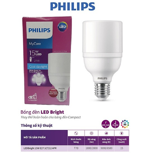 Đèn LED bulb Bright 15W E27 1CT/12 APR