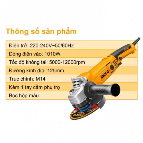 Máy mài góc 1010W cốt M14 đĩa 125mm có điều tốc INGCO AG10108-5