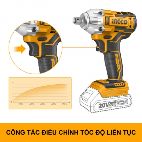 Máy siết bu lông pin 20V motor không chổi than, lực siết 300Nm INGCO CIWLI2038