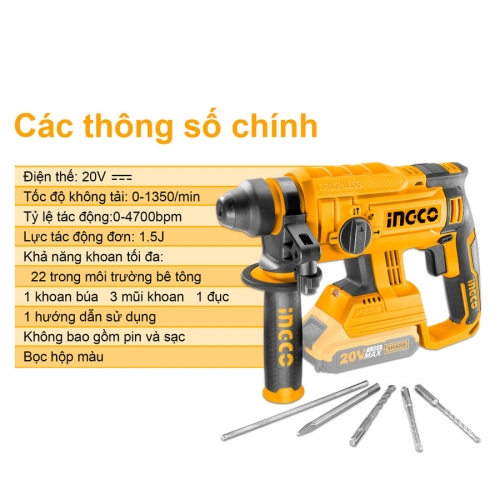 Máy khoan bê tông pin 20V motor không chổi than INGCO CRHLI2201