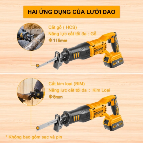 Thân máy cưa kiếm dùng pin INGCO CRSLI1151 20V, không bao gồm pin và sạc