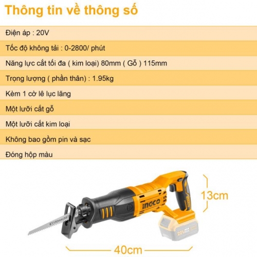 Thân máy cưa kiếm dùng pin INGCO CRSLI1151 20V, không bao gồm pin và sạc