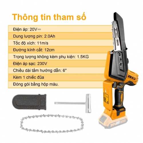 Máy cưa xích cầm tay dùng pin 20V Ingco CGSLI2068