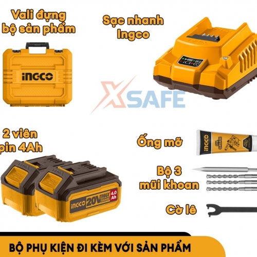 Máy khoan bê tông dùng pin cầm tay không chổi than kèm phụ kiện mũi khoan và pin sạc nhanh INGCO CRHLI202882