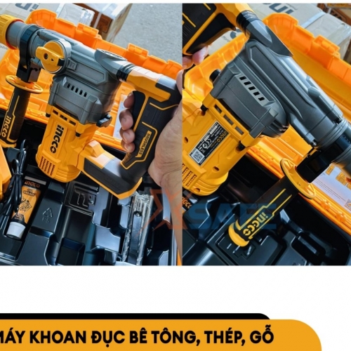 Máy khoan bê tông dùng pin cầm tay không chổi than kèm phụ kiện mũi khoan và pin sạc nhanh INGCO CRHLI202882