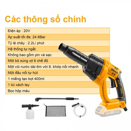 Máy rửa xe dùng pin 20V INGCO CPWLI2008