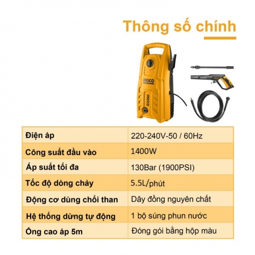 Máy tăng áp lực nước rửa xe gia đình HPWR14008 INGCO 1400W