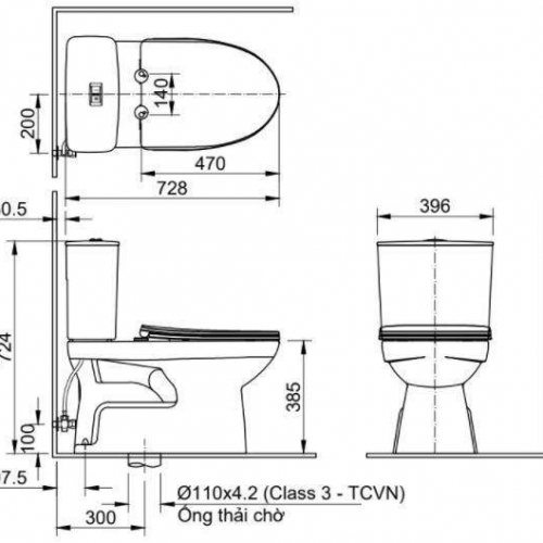 Bàn cầu 2 khối + nắp rửa cơ C-514A + CW-S15VN