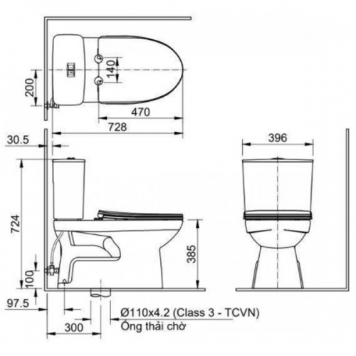 Bàn cầu 2 khối + nắp rửa cơ C-514A + CW-S32VN