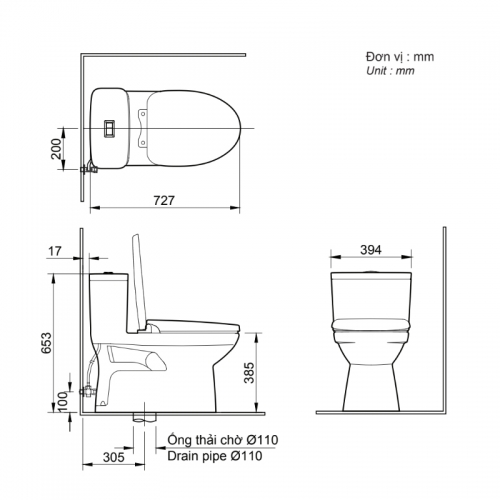 Bàn cầu 1 khối + nắp rửa cơ C-969 + CW-S15VN