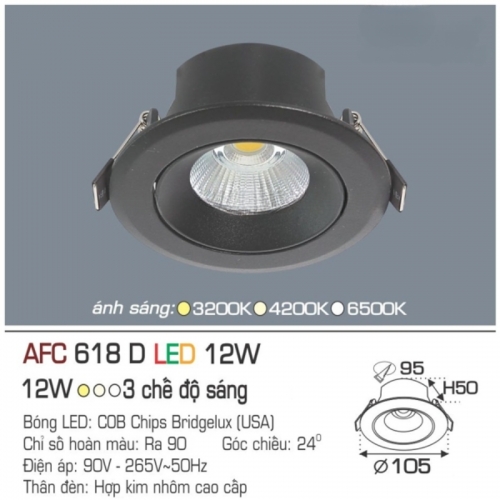 Đèn LED âm trần Anfaco vỏ đen AFC 618D 12W