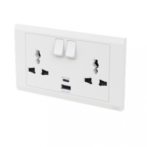 Bộ ổ cắm đôi đa năng 13AX, gồm công tắc, tích hợp cổng sạc type A+C BL250 dòng Inora