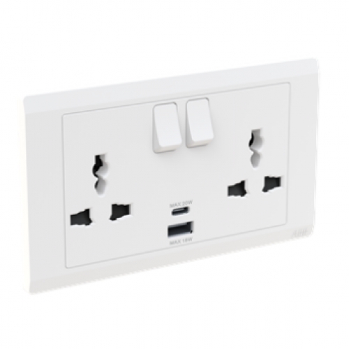 Bộ ổ cắm đôi đa năng 13AX, gồm công tắc, tích hợp cổng sạc type A+C BL250 dòng Inora
