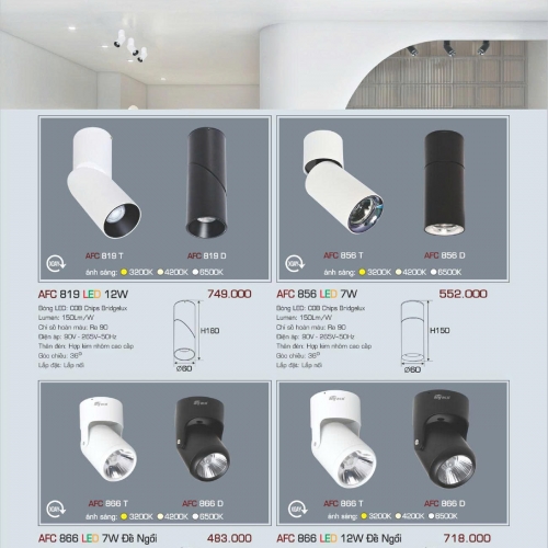 Đèn LED tiêu điểm Anfaco AFC 819T 12W đế ngồi, thân trắng