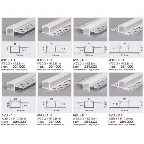 Thanh nhôm LED định hình thẳng Anfaco A20-2T