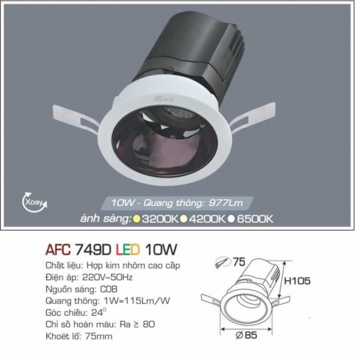 Đèn âm trần cao cấp Anfaco AFC 749D - 10W Chóa đen, 3 chế độ